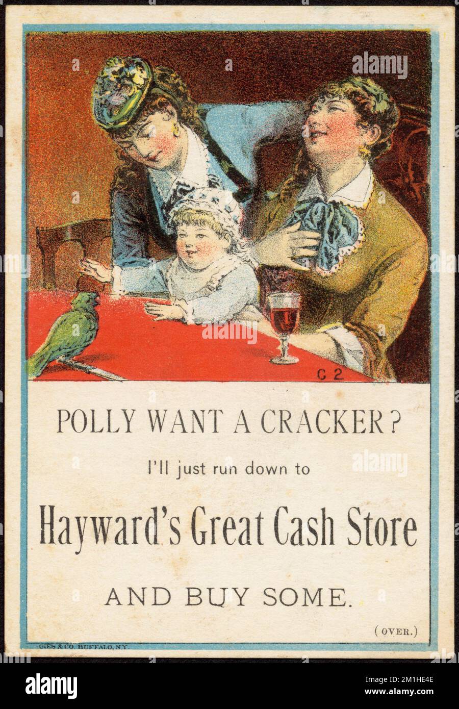 Polly will einen Cracker? Ich gehe einfach zu Haywards großem Geldladen und kaufe welche. , Frauen, Kinder, Papageien, Trockenwarenläden, US-Handelskarten des 19.. Jahrhunderts Stockfoto
