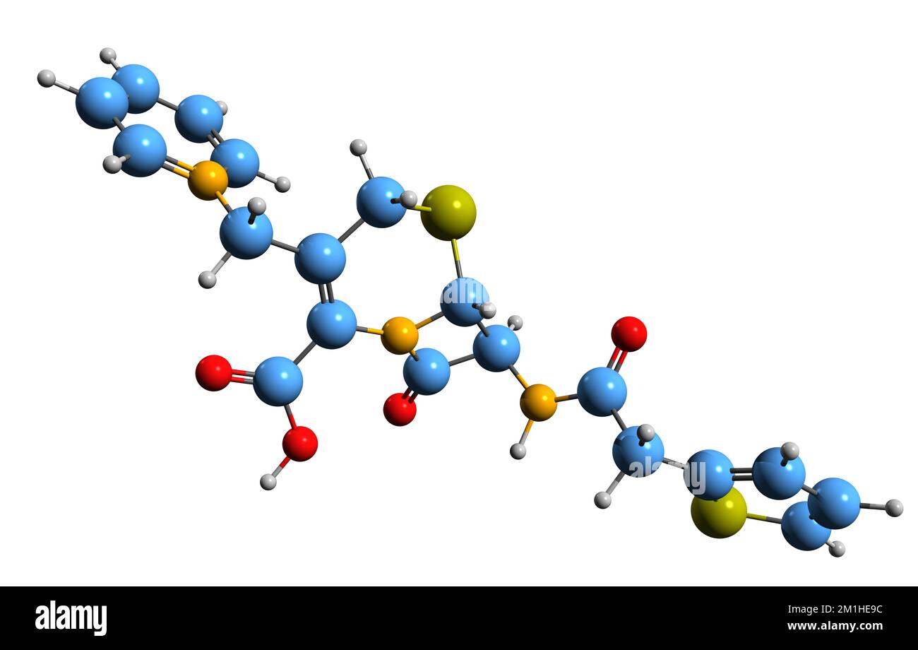 3D-Bild einer Cephaloridin-Skelettformel - molekularchemische Struktur eines auf weißem Hintergrund isolierten Cephalosporin-Antibiotikums Stockfoto