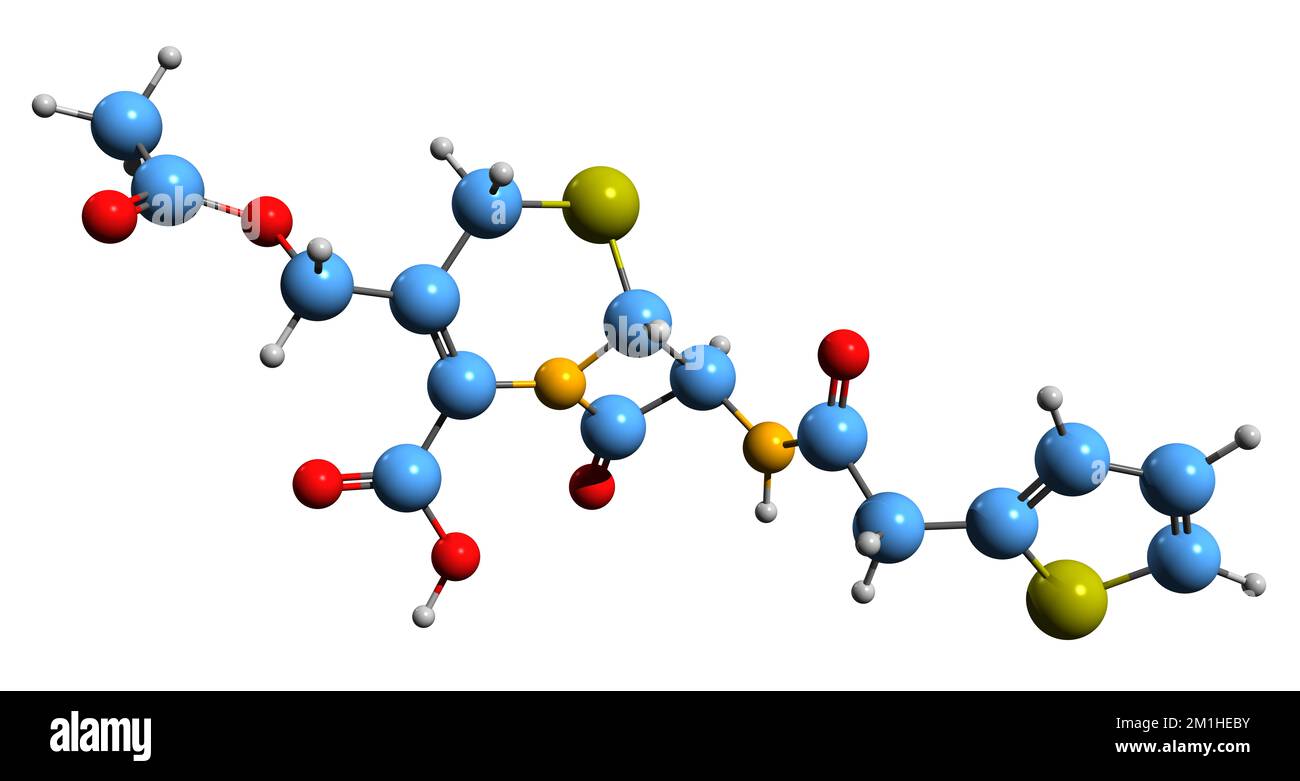 3D-Bild einer Cefalotin-Skelettformel - molekularchemische Struktur eines auf weißem Hintergrund isolierten Cephalosporin-Antibiotikums Stockfoto