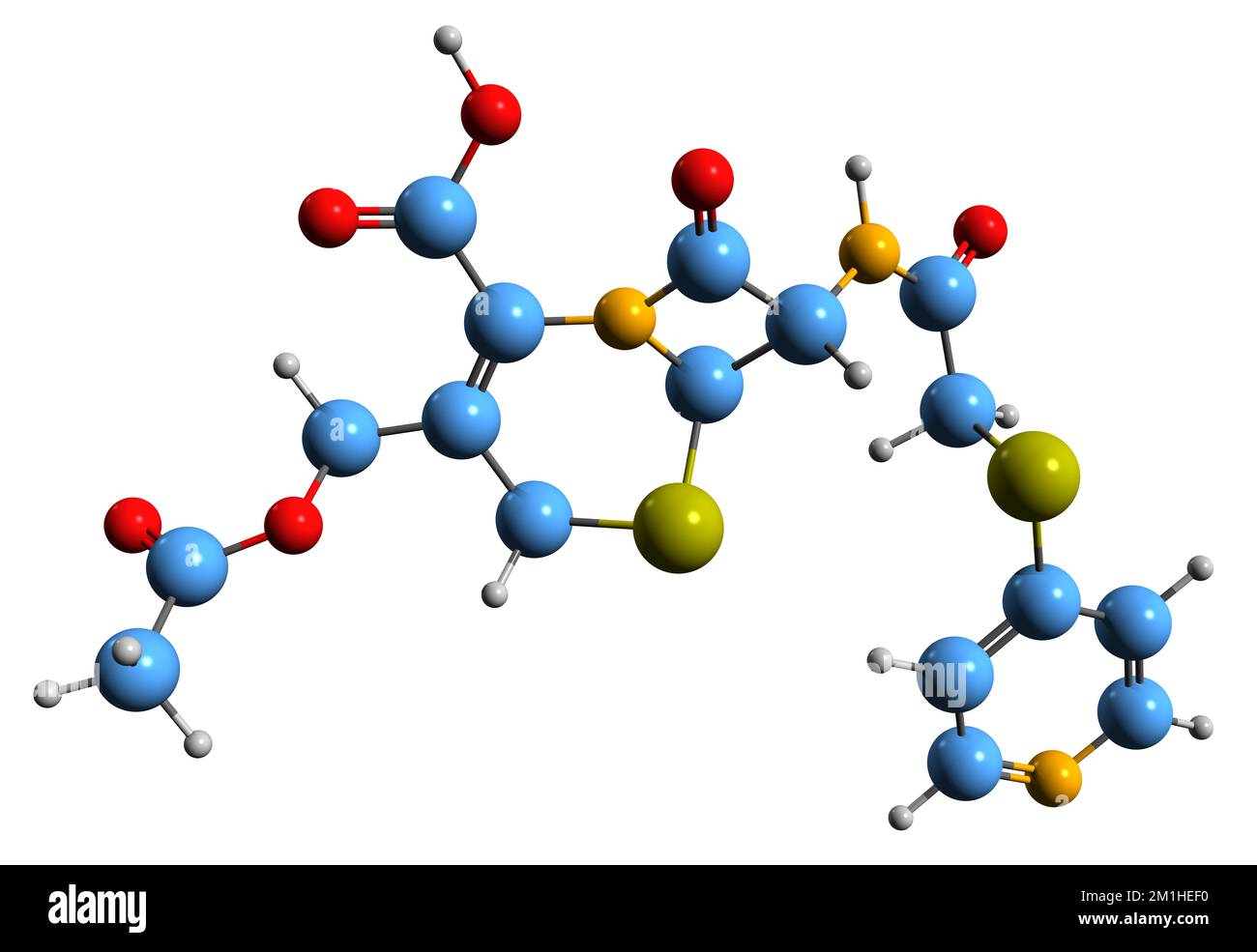 3D-Bild einer Cefapirin-Skelettformel - molekularchemische Struktur eines auf weißem Hintergrund isolierten Cephalosporin-Antibiotikums Stockfoto