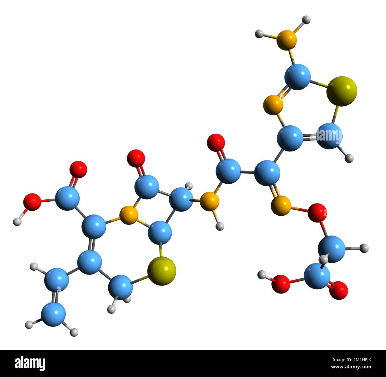3D-Bild der Cefixime-Skelettformel - molekularchemische Struktur eines auf weißem Hintergrund isolierten Cephalosporin-Antibiotikums Stockfoto