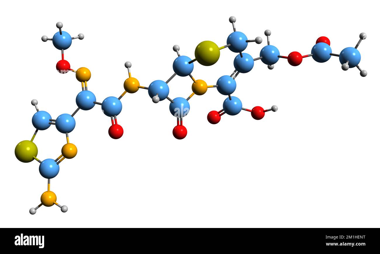 3D-Bild einer Cefotaxim-Skelettformel - molekularchemische Struktur eines auf weißem Hintergrund isolierten Cephalosporin-Antibiotikums Stockfoto