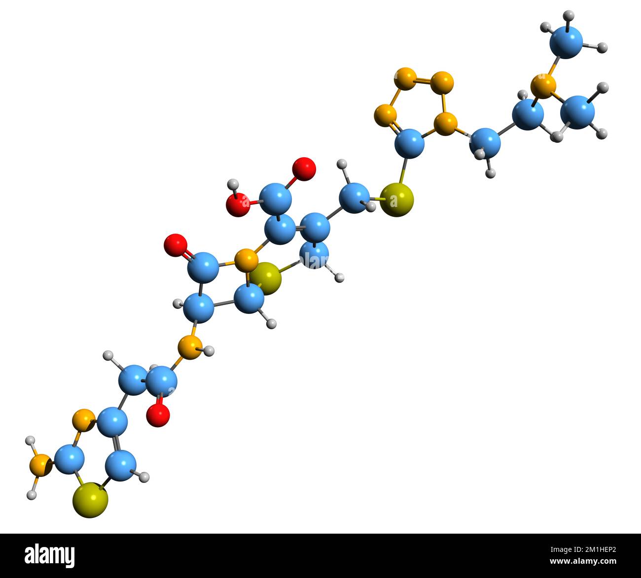 3D-Bild einer Cefotiam-Skelettformel - molekularchemische Struktur eines auf weißem Hintergrund isolierten Cephalosporin-Antibiotikums Stockfoto
