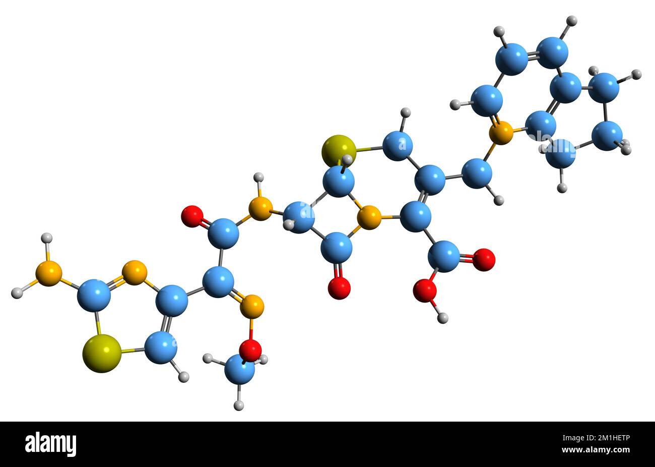 3D-Bild der Cefpirome-Skelettformel - molekularchemische Struktur eines auf weißem Hintergrund isolierten Cephalosporin-Antibiotikums Stockfoto