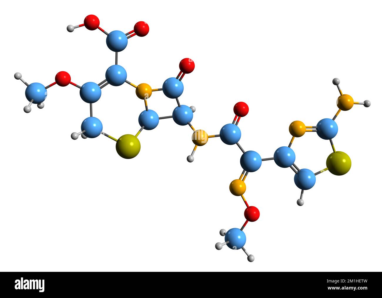 3D-Bild der Cefpodoxim-Skelettformel - molekularchemische Struktur eines auf weißem Hintergrund isolierten Cephalosporin-Antibiotikums Stockfoto
