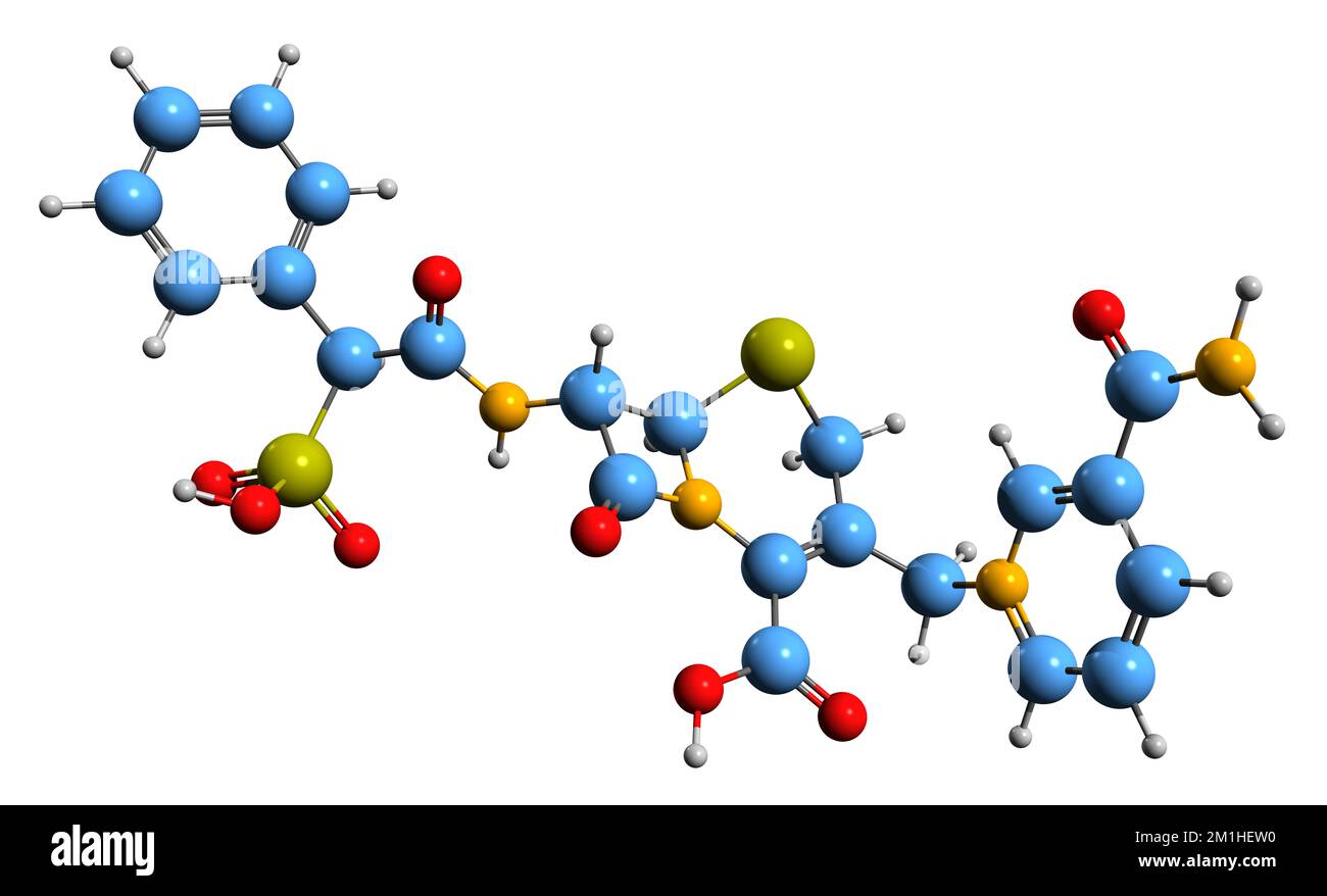 3D-Bild einer Cefsulodin-Skelettformel - molekularchemische Struktur eines auf weißem Hintergrund isolierten Cephalosporin-Antibiotikums Stockfoto