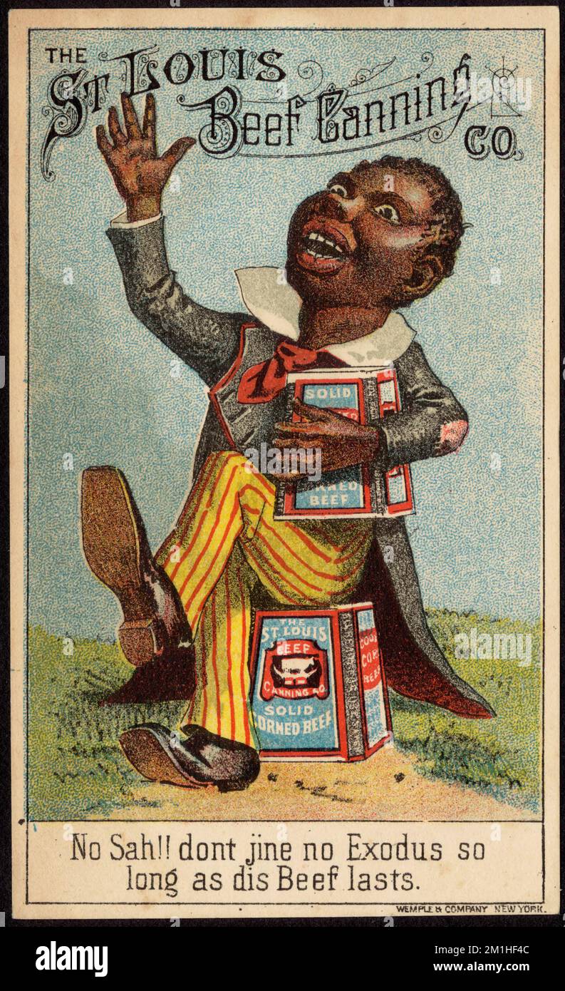 Das St. Louis Beef Canning Co - Nein! Nicht jine no Exodus, solange das Rindfleisch anhält. , Karikaturen, Männer, Fleisch, Konserven, US-Handelskarten des 19.. Jahrhunderts Stockfoto