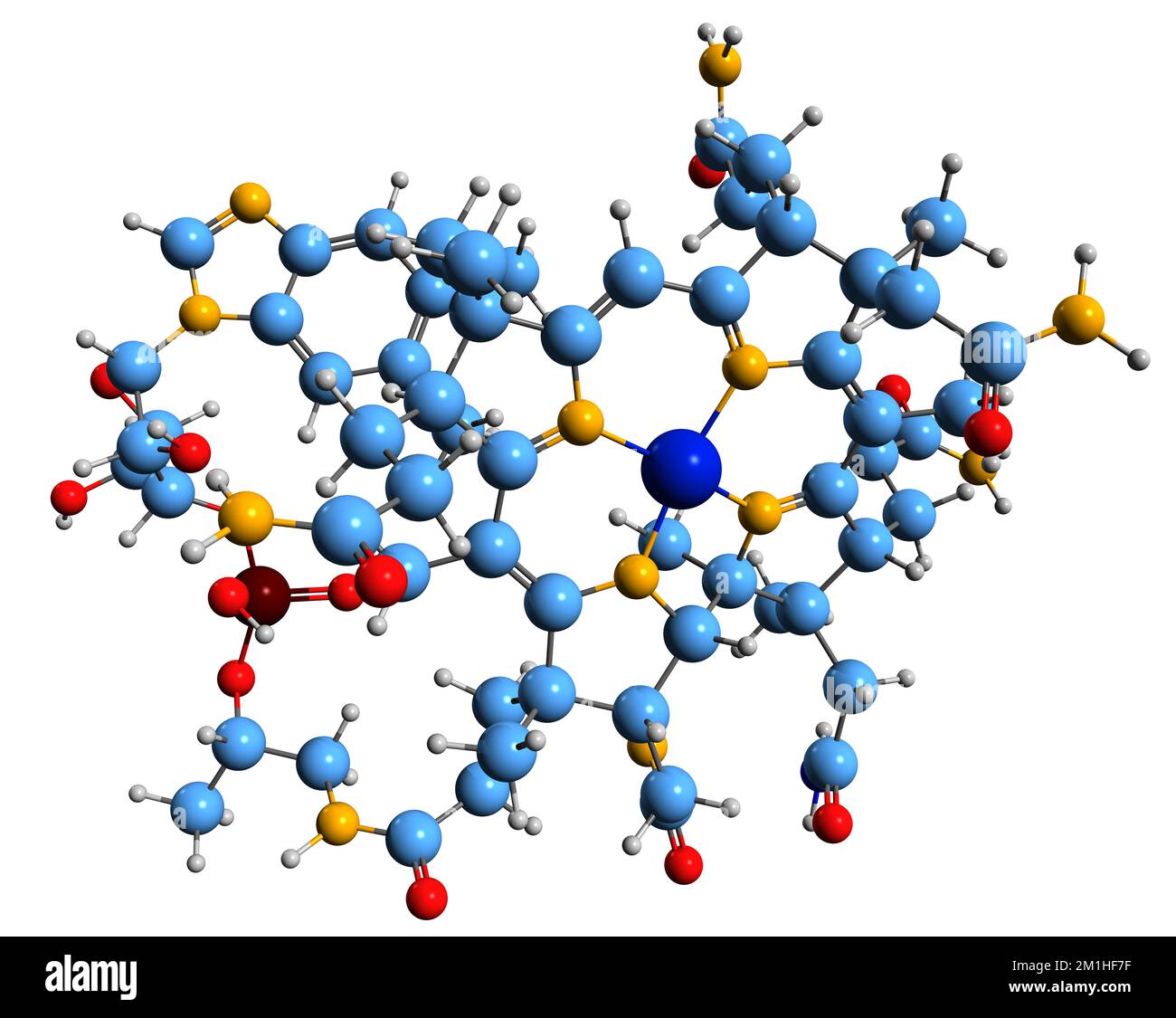 3D-Bild der Cyanocobalamin-Skelettformel - molekularchemische Struktur des auf weißem Hintergrund isolierten Vitamin B12 Stockfoto