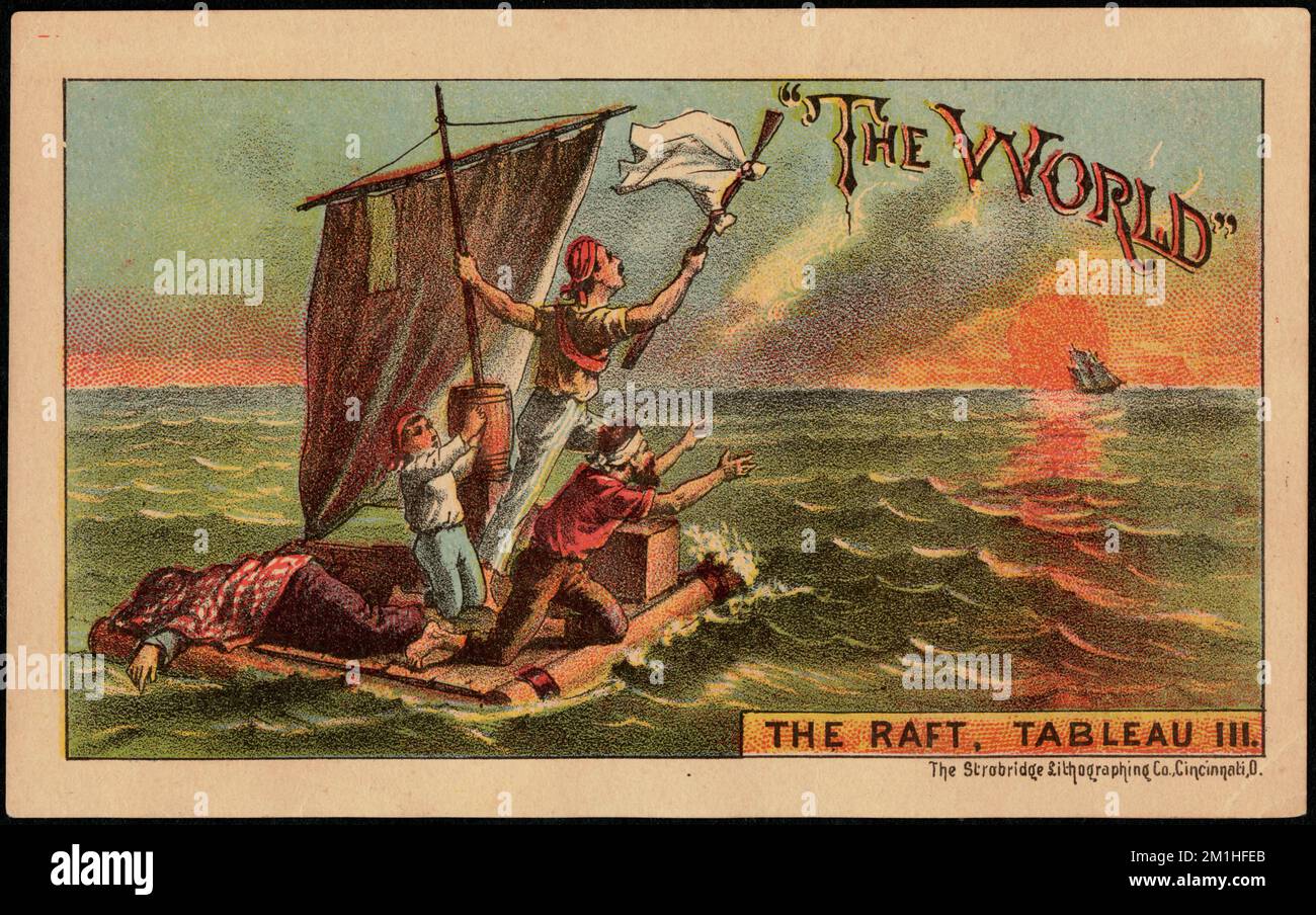 "Die Welt" - das Floß, tableau III , Theaterproduktionen, Men, Tableaux, Rafts, Ozeane, Schiffe, amerikanische Handelskarten des 19.. Jahrhunderts Stockfoto
