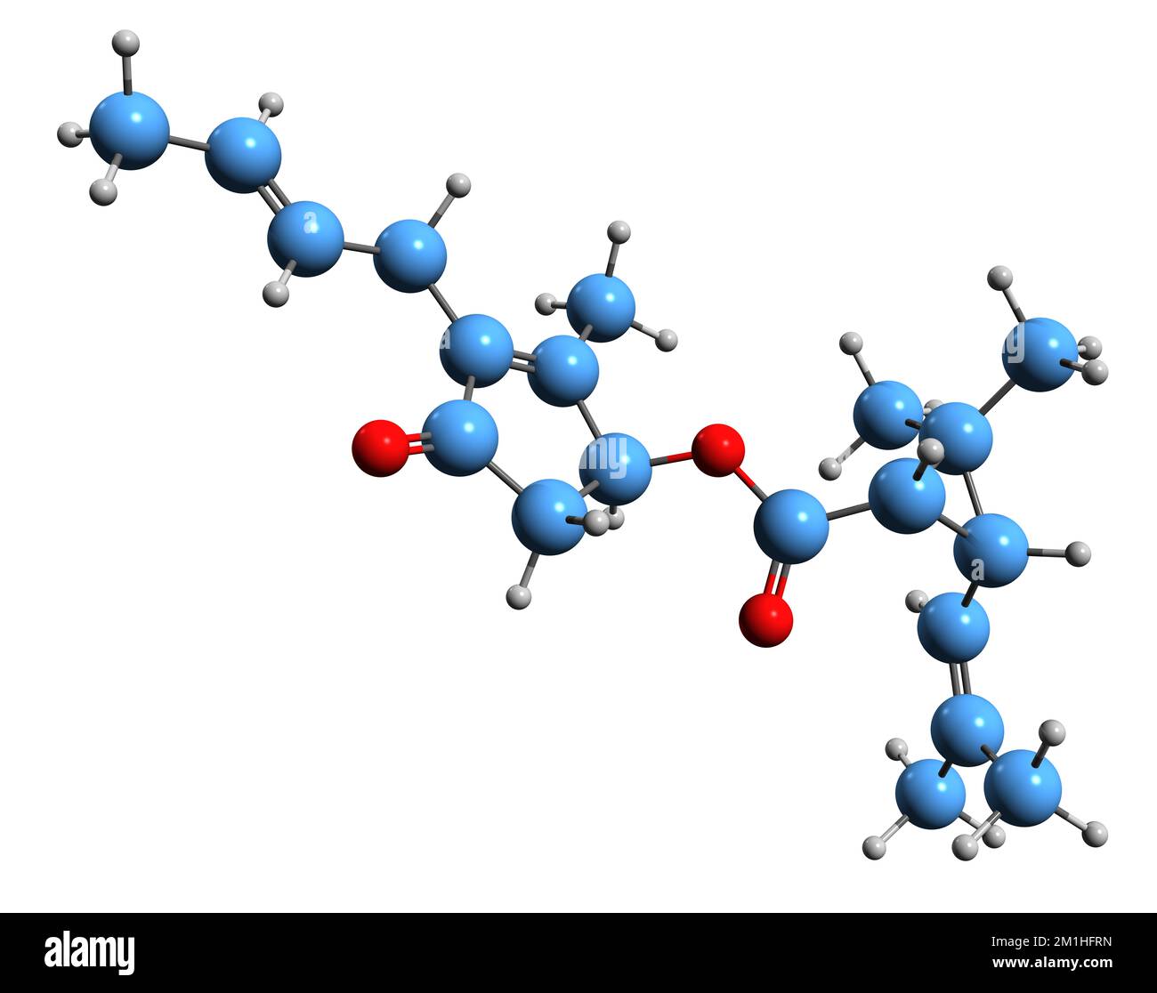 3D-Bild der Cinerin-I-Skelettformel - molekularchemische Struktur des auf weißem Hintergrund isolierten Pyrethrin-Insektizids Stockfoto
