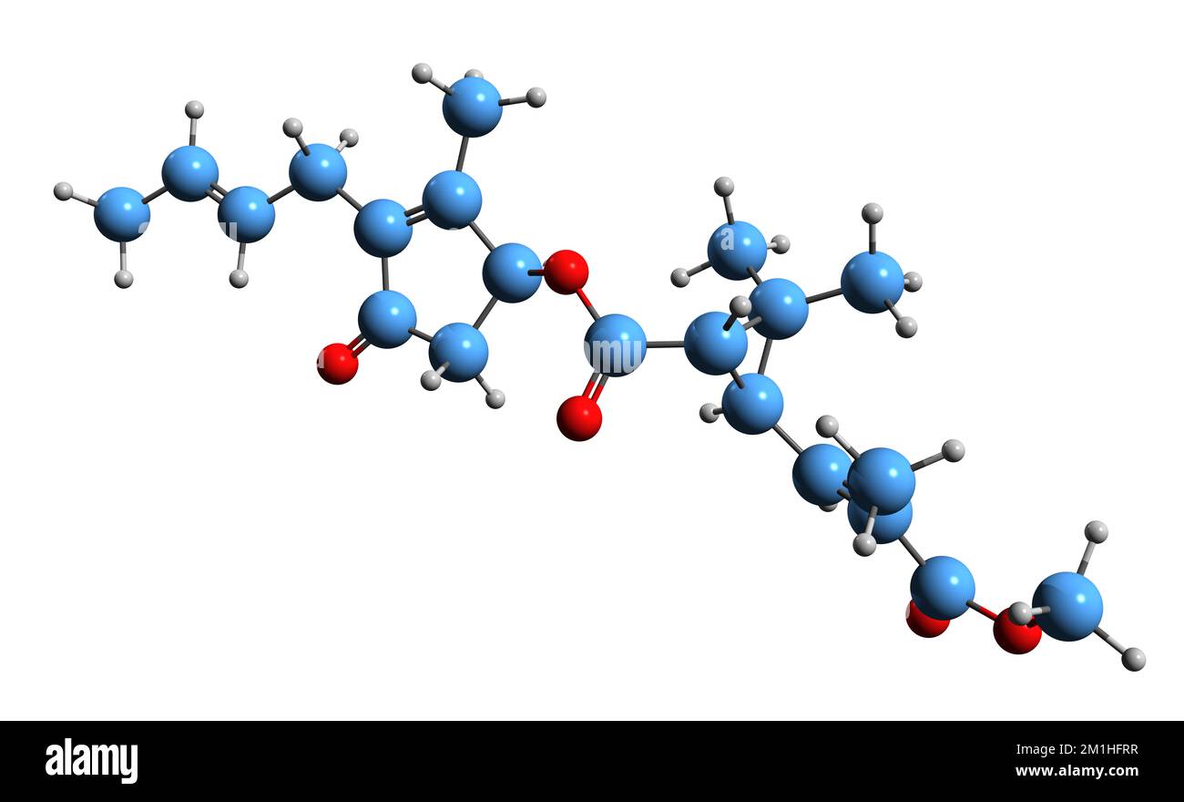 3D-Bild der Cinerin-II-Skelettformel - molekularchemische Struktur des auf weißem Hintergrund isolierten Pyrethrin-Insektizids Stockfoto