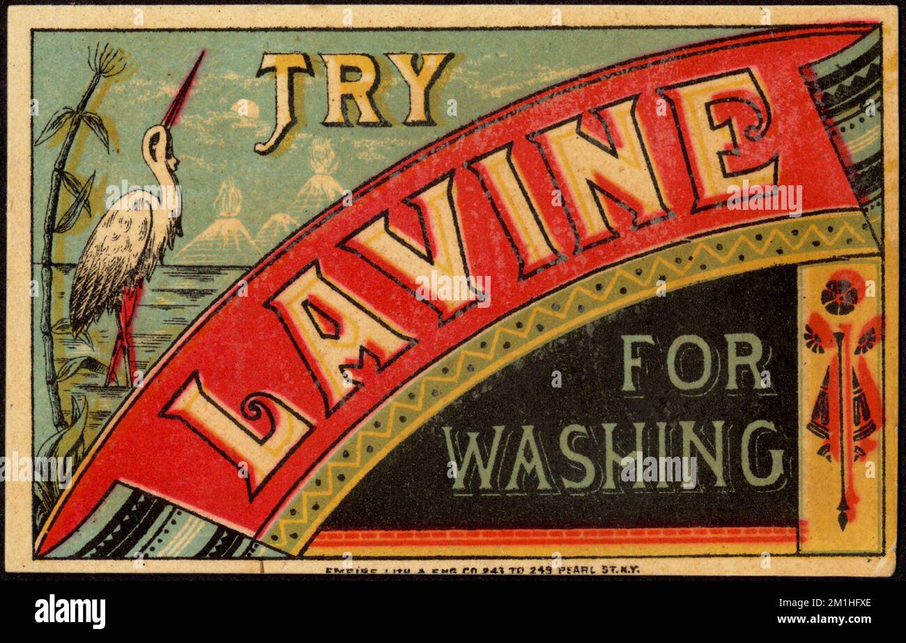 Probieren Sie Lavine zum Waschen, Storche, Haushaltsseife, 19. Century American Trade Cards Stockfoto