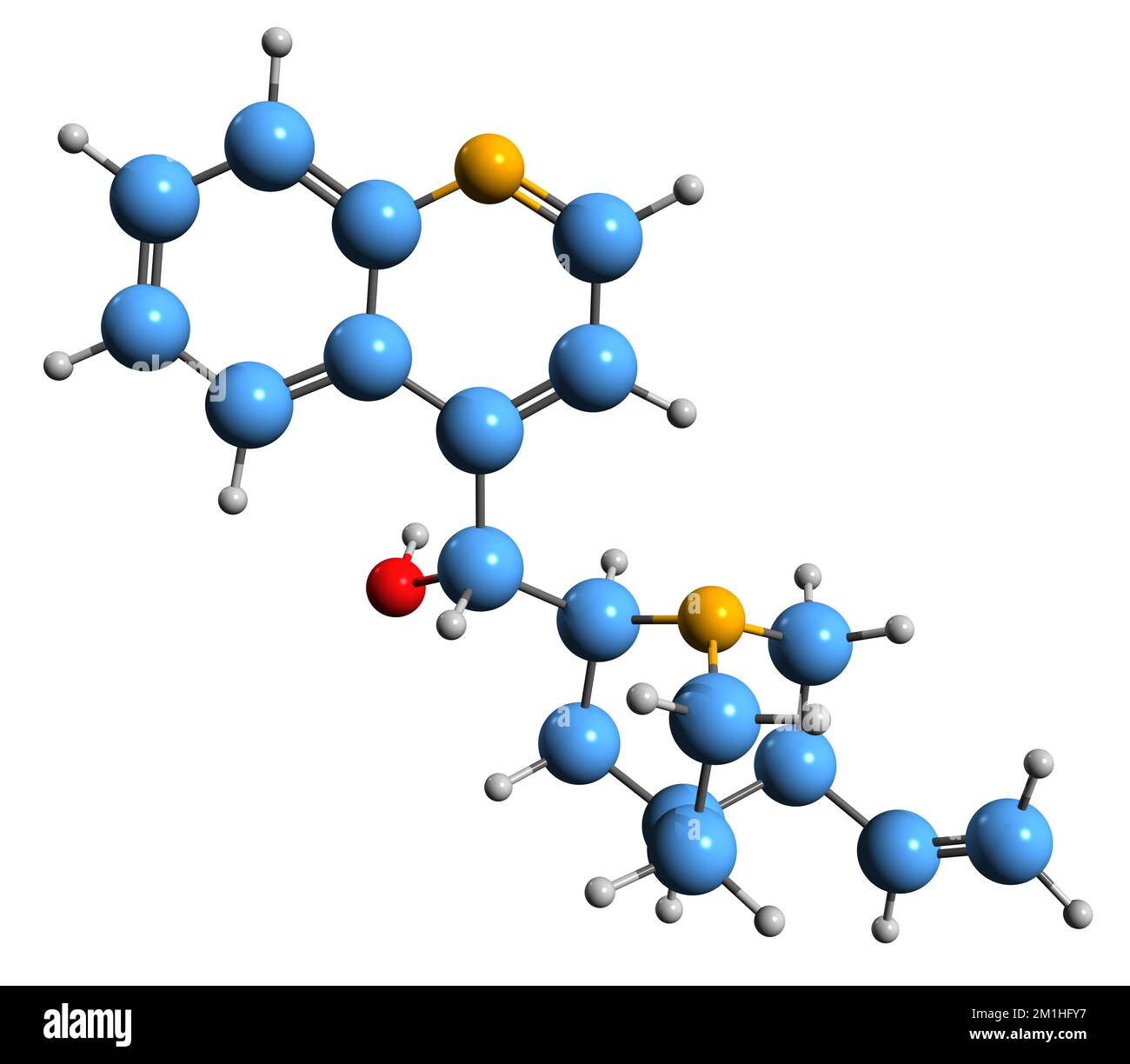 3D-Bild der Cinchonin-Skelettformel - molekularchemische Struktur des auf weißem Hintergrund isolierten Alkaloids Stockfoto