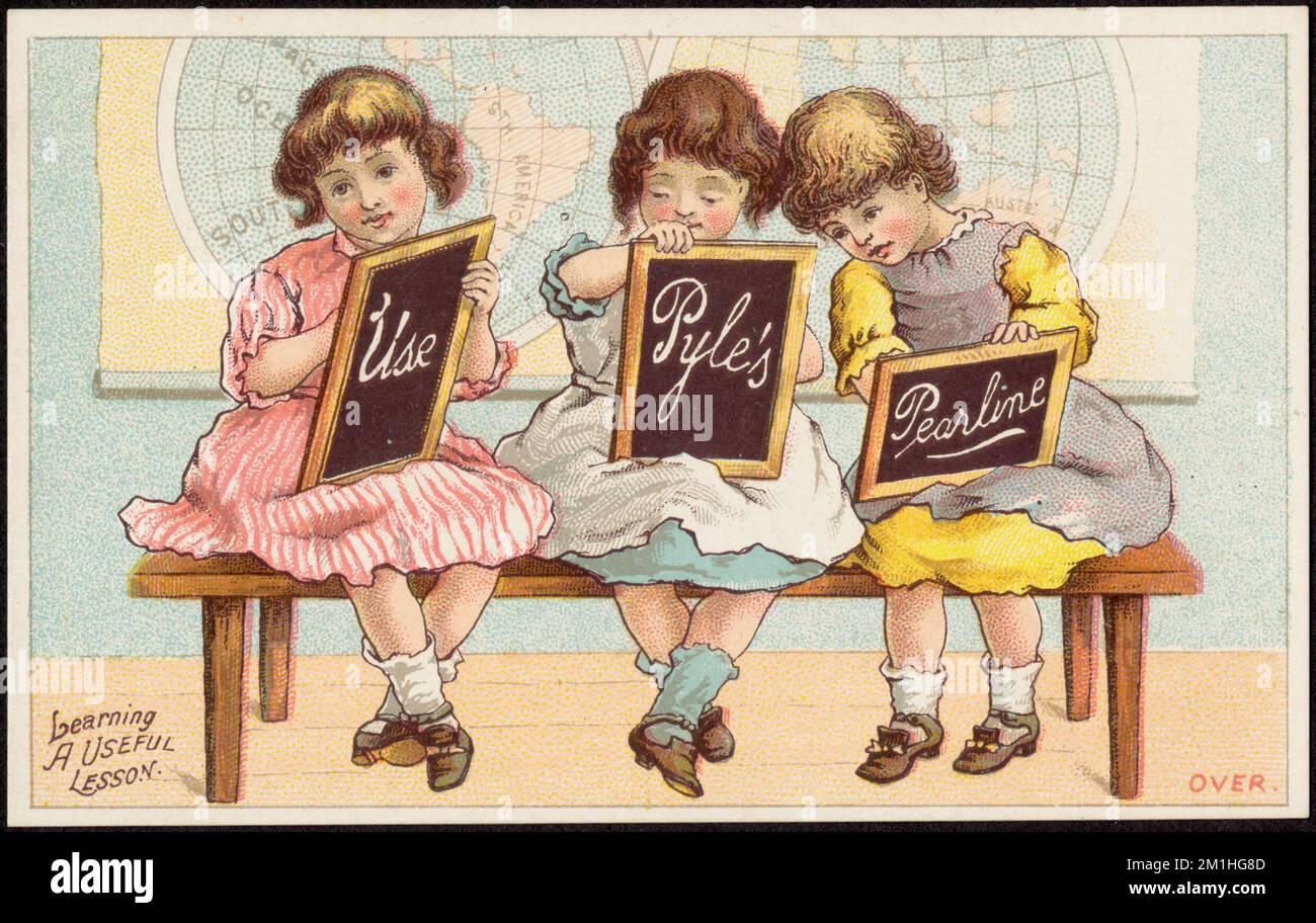 Nutze Pyle's Pearline - lerne eine nützliche Lektion, Mädchen, Blackboards, Haushaltsseife, amerikanische Handelskarten des 19.. Jahrhunderts Stockfoto