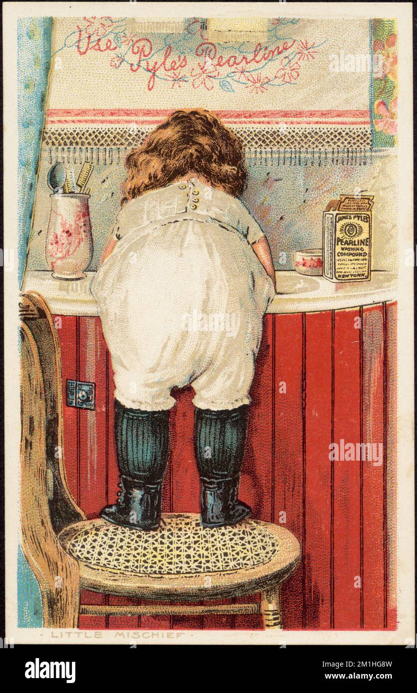 Verwenden Sie Pyle's Pearline - kleine Unfug, Kinder, Haushaltsseife, amerikanische Handelskarten des 19.. Jahrhunderts Stockfoto