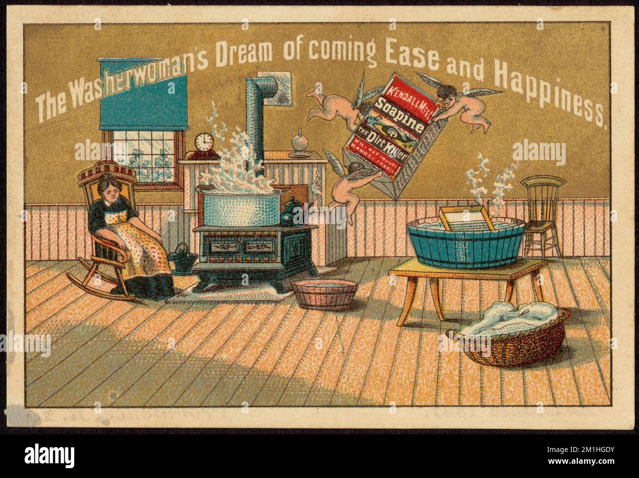 Der Traum der Washerfrau, nach Osten zu kommen und glücklich zu sein. , Frauen, Engel, Waschbecken, Waschbretter, Herde, Haushaltsseife, amerikanische Handelskarten des 19.. Jahrhunderts Stockfoto