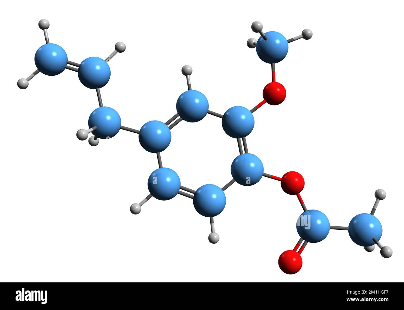 3D-Bild der Acetyleugenol-Skelettformel - molekularchemische Struktur von Eugenolacetat isoliert auf weißem Hintergrund Stockfoto