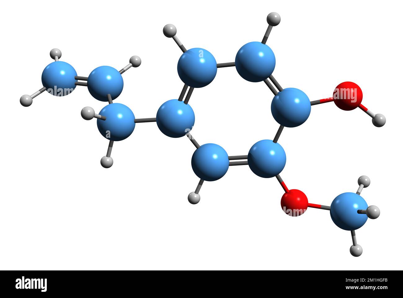 3D-Bild der Eugenol-Skelettformel - molekularchemische Struktur der auf weißem Hintergrund isolierten Caryophilsäure Stockfoto