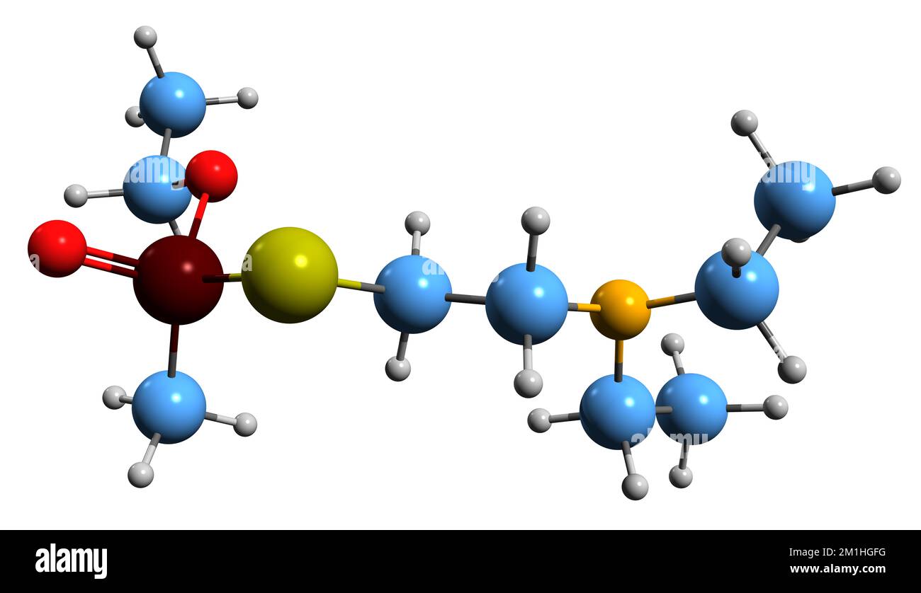 3D-Bild der Nervengas-VM-Skelettformel - molekularchemische Struktur von Edemo isoliert auf weißem Hintergrund Stockfoto