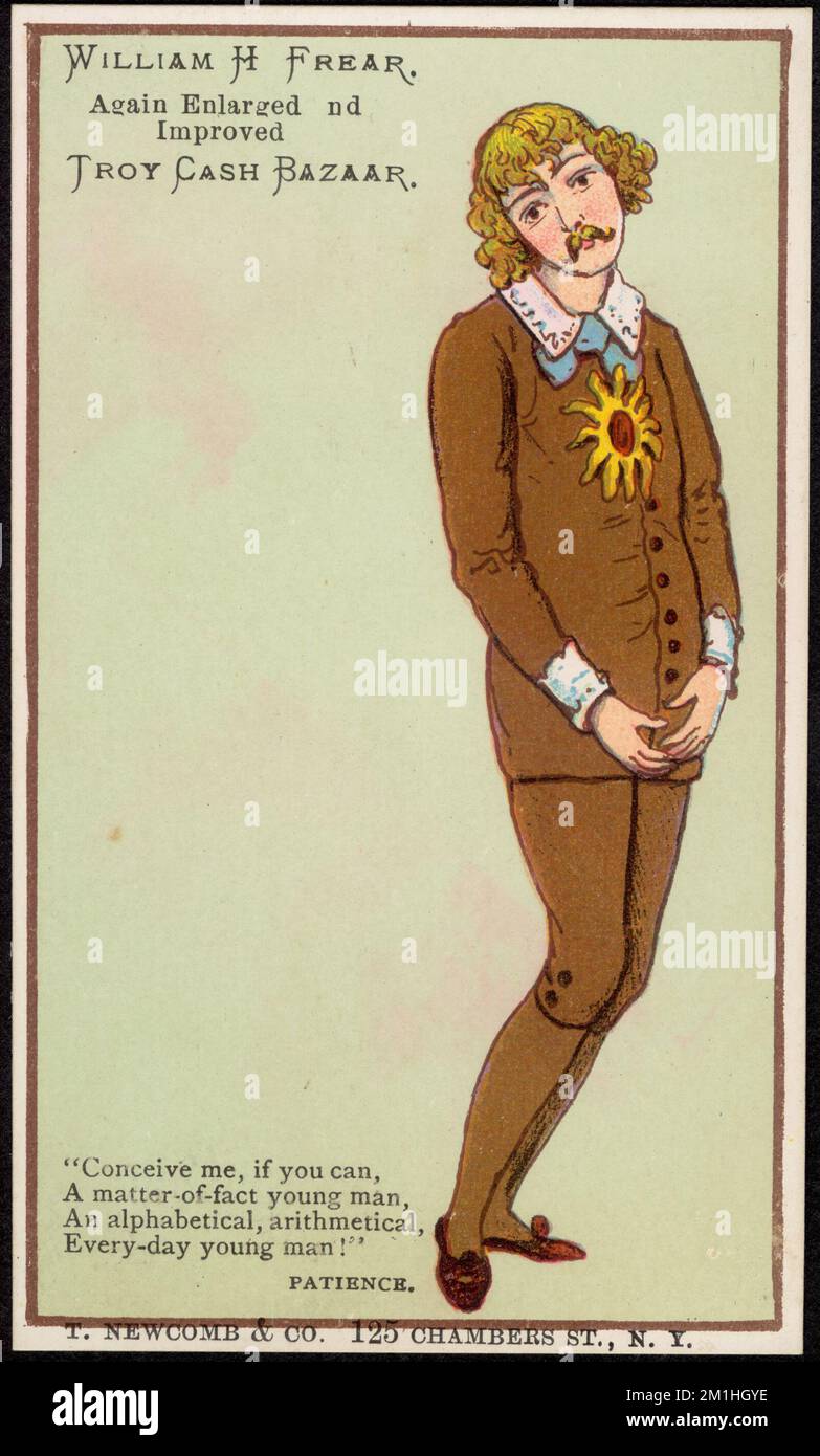 William H. Frear. Wieder vergrößert und verbessert, Troy Cash Basar. "Begreif mich, wenn du kannst, einen sachlichen jungen Mann, einen alphabetischen, rechnerischen, alltäglichen jungen Mann!" Geduld. , Männer, Trockenwarenläden, amerikanische Handelskarten des 19.. Jahrhunderts Stockfoto