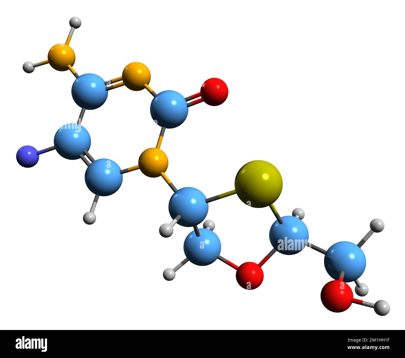 3D-Bild der Emtricitabin-Skelettformel - molekularchemische Struktur eines auf weißem Hintergrund isolierten nukleosidischen Reverse-Transkriptase-Inhibitors Stockfoto