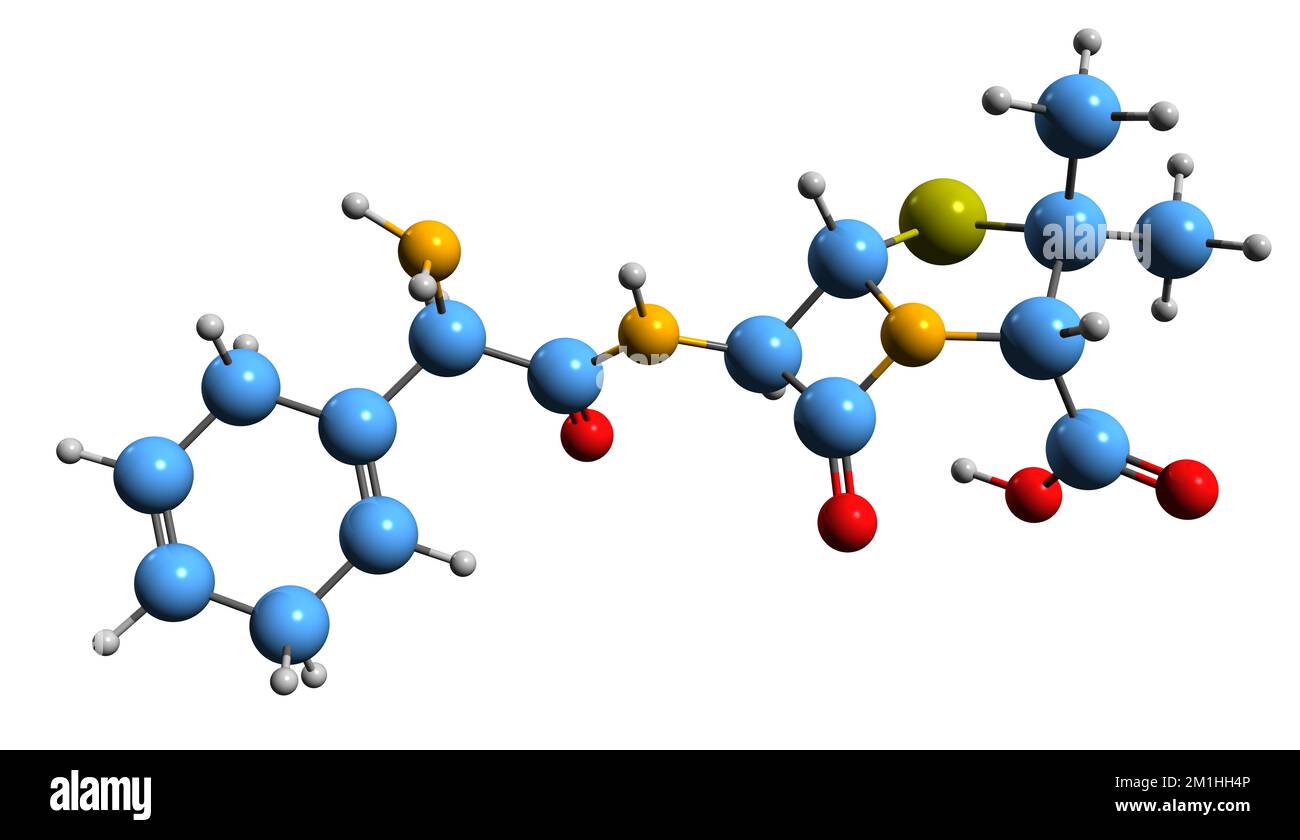 3D-Bild der Epicillin-Skelettformel - molekularchemische Struktur des auf weißem Hintergrund isolierten Penicillin-Antibiotikums Stockfoto