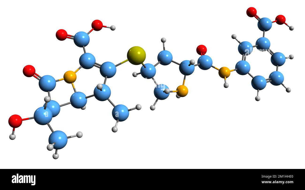 3D-Bild einer Ertapenem-Skelettformel - molekularchemische Struktur eines Carbapenem-Antibiotikums, isoliert auf weißem Hintergrund Stockfoto