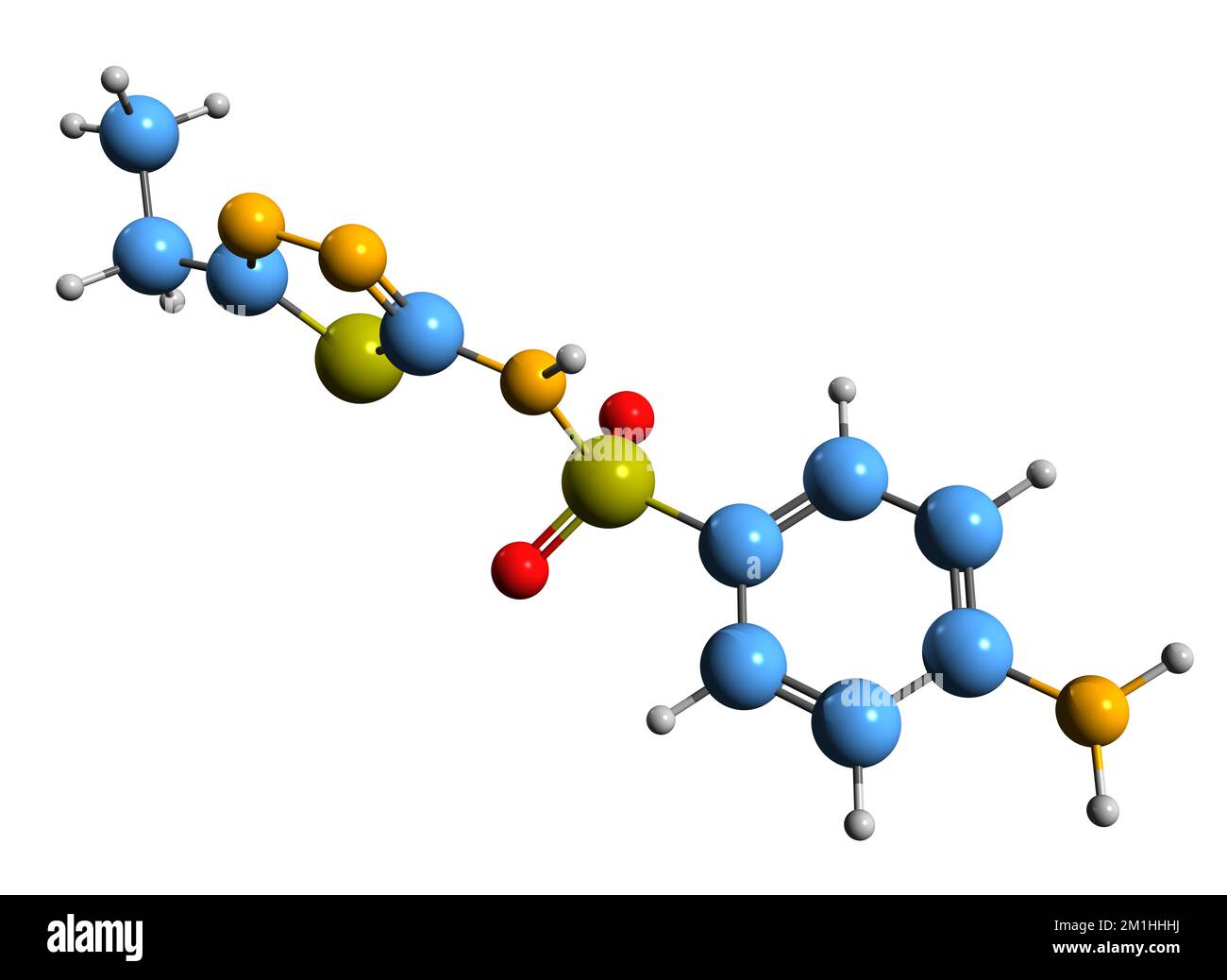 3D-Bild einer Sulfaethidol-Skelettformel - molekularchemische Struktur des auf weißem Hintergrund isolierten Sulfonamids Stockfoto