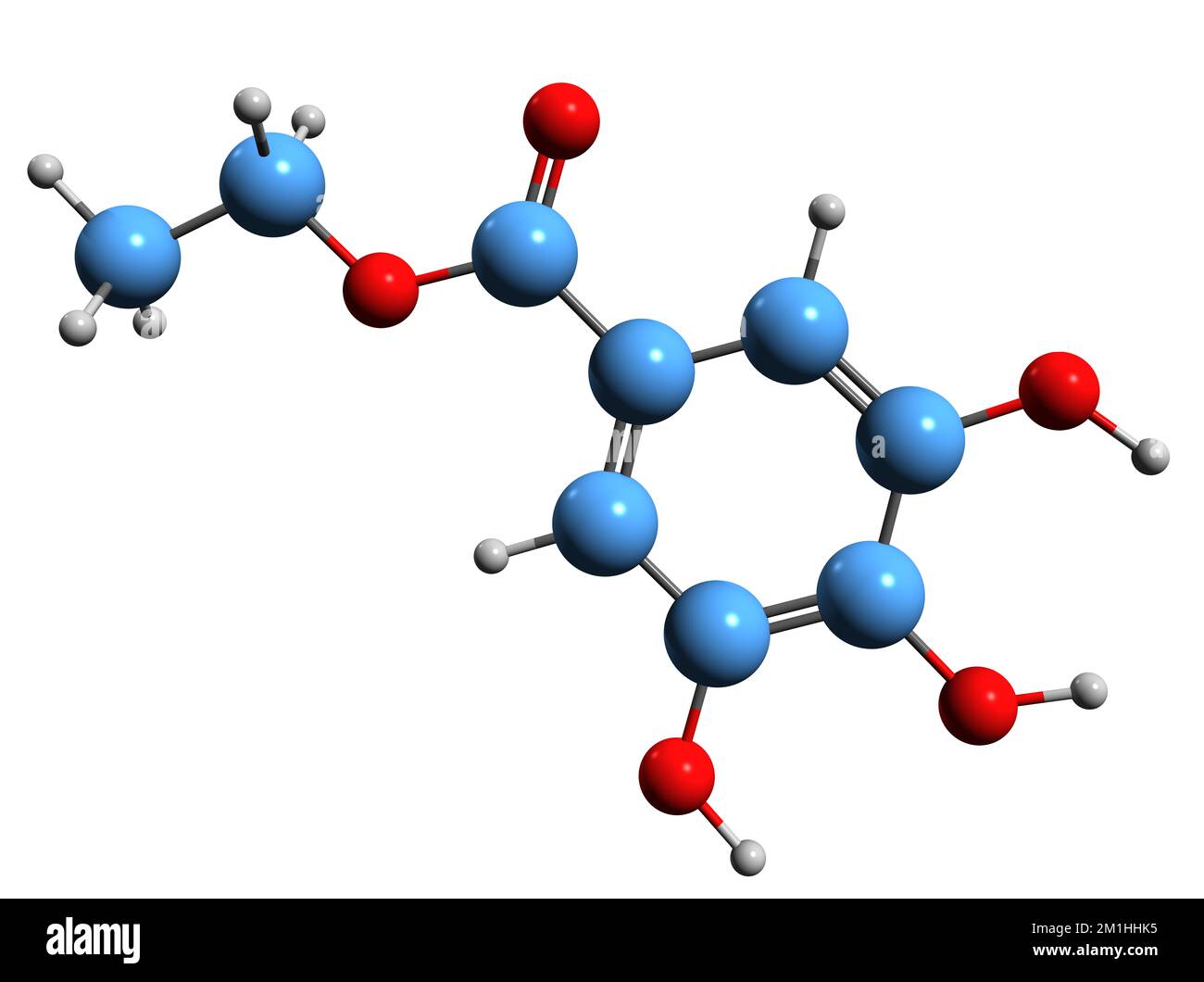 3D-Bild der Ethylgallat-Skelettformel - molekularchemische Struktur des auf weißem Hintergrund isolierten Lebensmittelzusatzstoffs Stockfoto