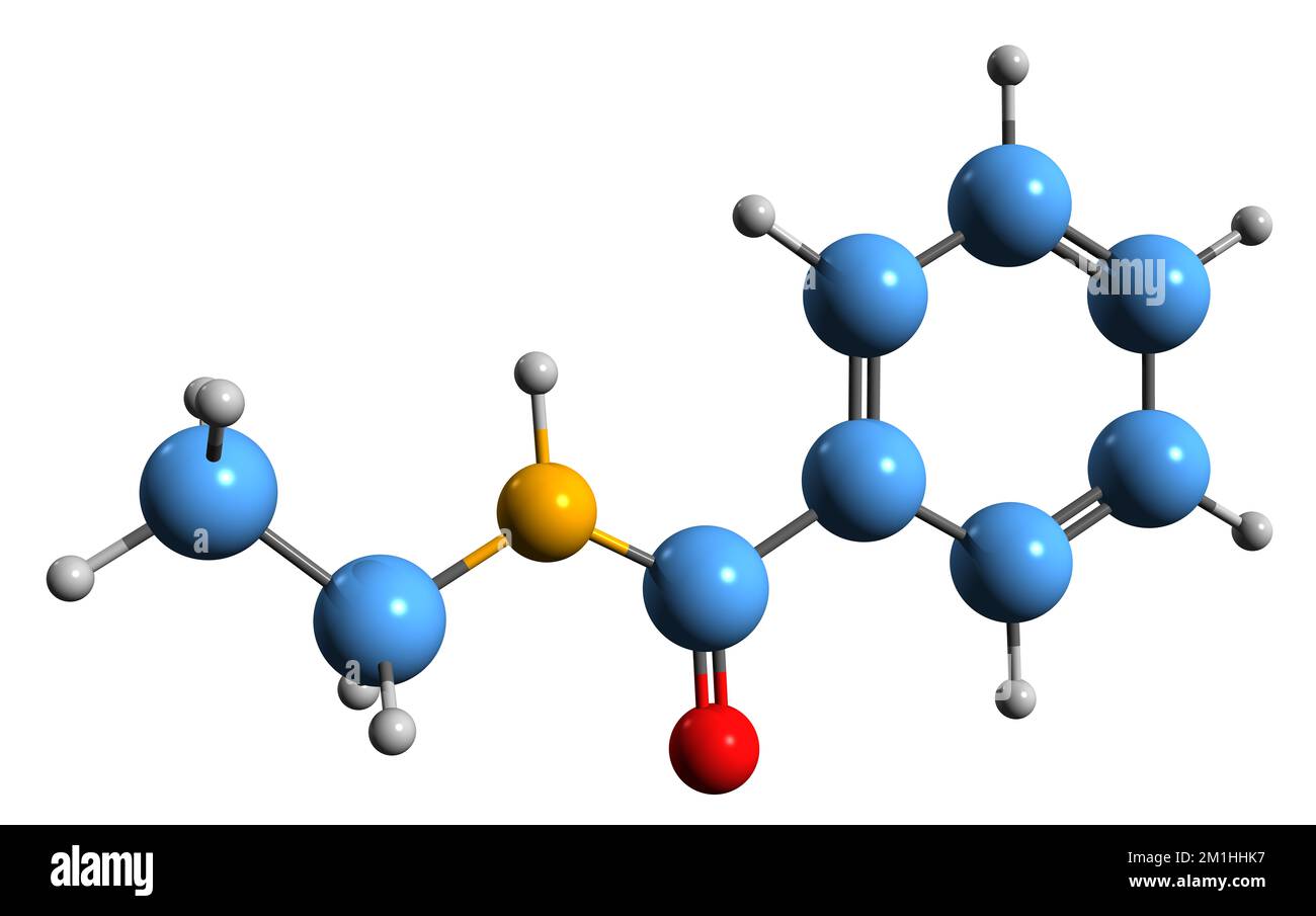 3D-Bild der Ethylbenzamid-Skelettformel - molekularchemische Struktur organischer Verbindungen isoliert auf weißem Hintergrund Stockfoto