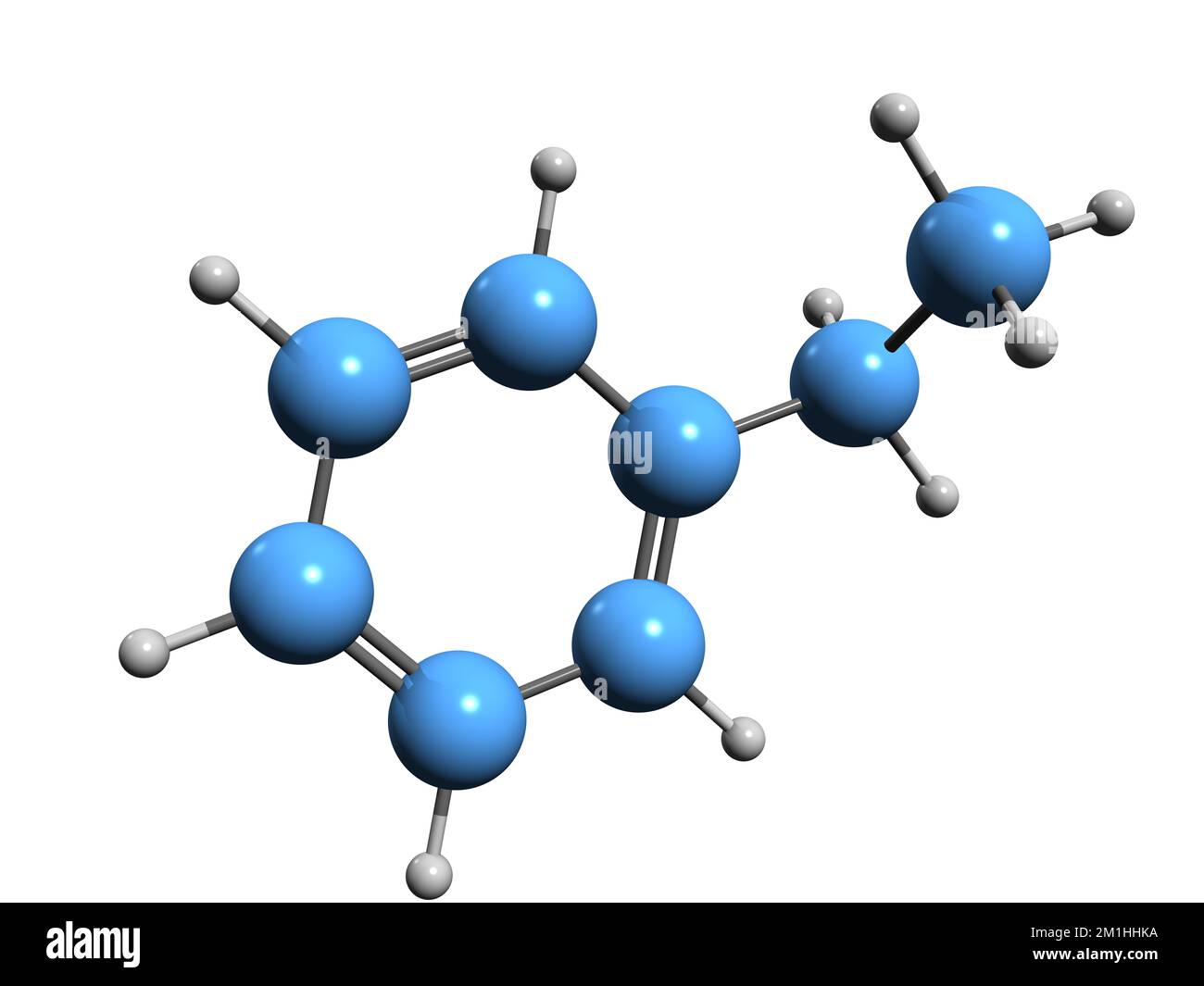 3D-Bild einer Ethylbenzol-Skelettformel - molekularchemische Struktur von auf weißem Hintergrund isoliertem Phenylethan Stockfoto
