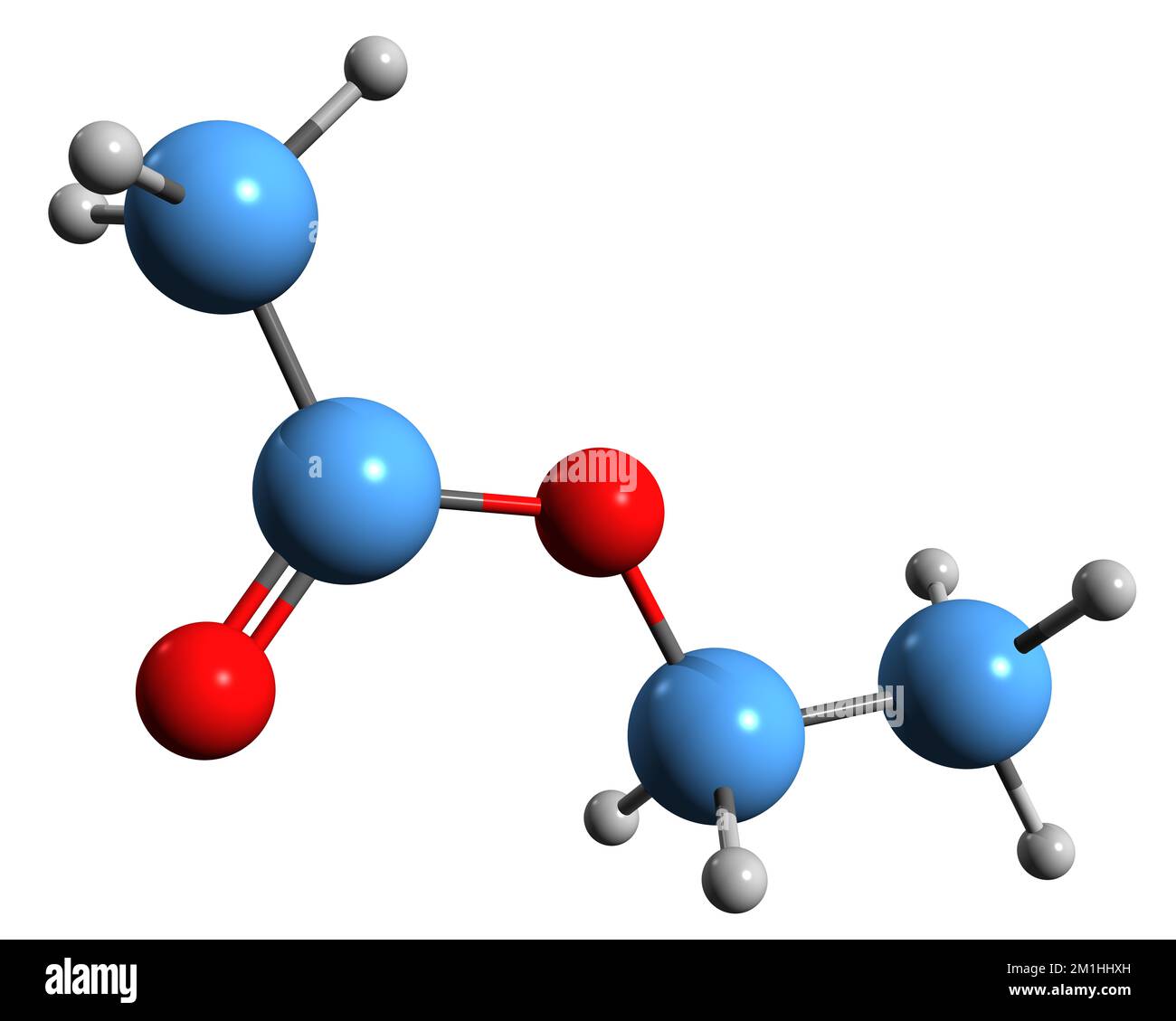 3D-Bild der Ethylacetat-Skelettformel - molekularchemische Struktur von Ethylethanoat, isoliert auf weißem Hintergrund Stockfoto
