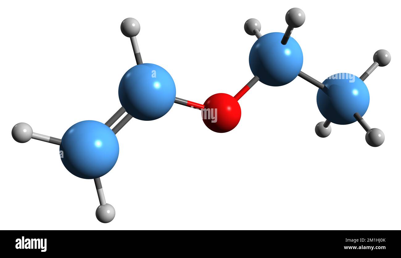 3D-Bild einer Ethylvinylether-Skelettformel - molekularchemische Struktur von Ethoxyethen isoliert auf weißem Hintergrund Stockfoto