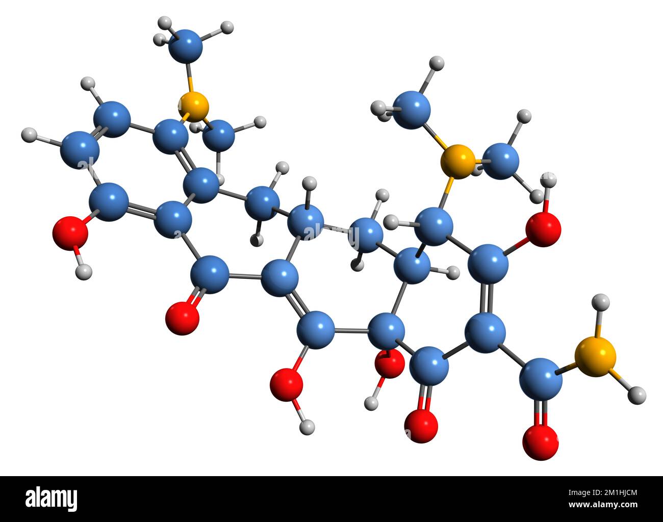 3D-Bild einer Minocyclin-Skelettformel - molekularchemische Struktur eines auf weißem Hintergrund isolierten Tetracyclin-Antibiotikums Stockfoto