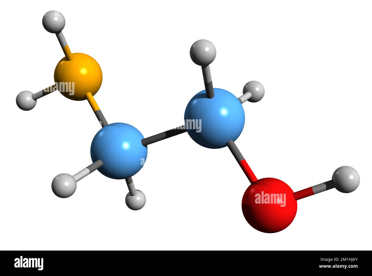 3D-Bild der Ethanolamin-Skelettformel - molekularchemische Struktur von Monoethanolamin isoliert auf weißem Hintergrund Stockfoto