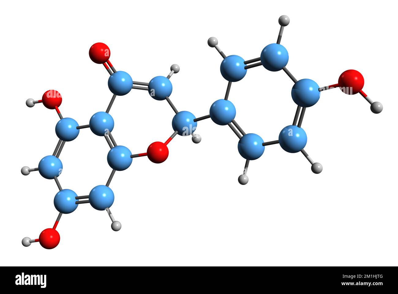 3D-Bild einer Naringenin-Skelettformel - molekularchemische Struktur eines Grapefruit-vorherrschenden Flavonoids, isoliert auf weißem Hintergrund Stockfoto