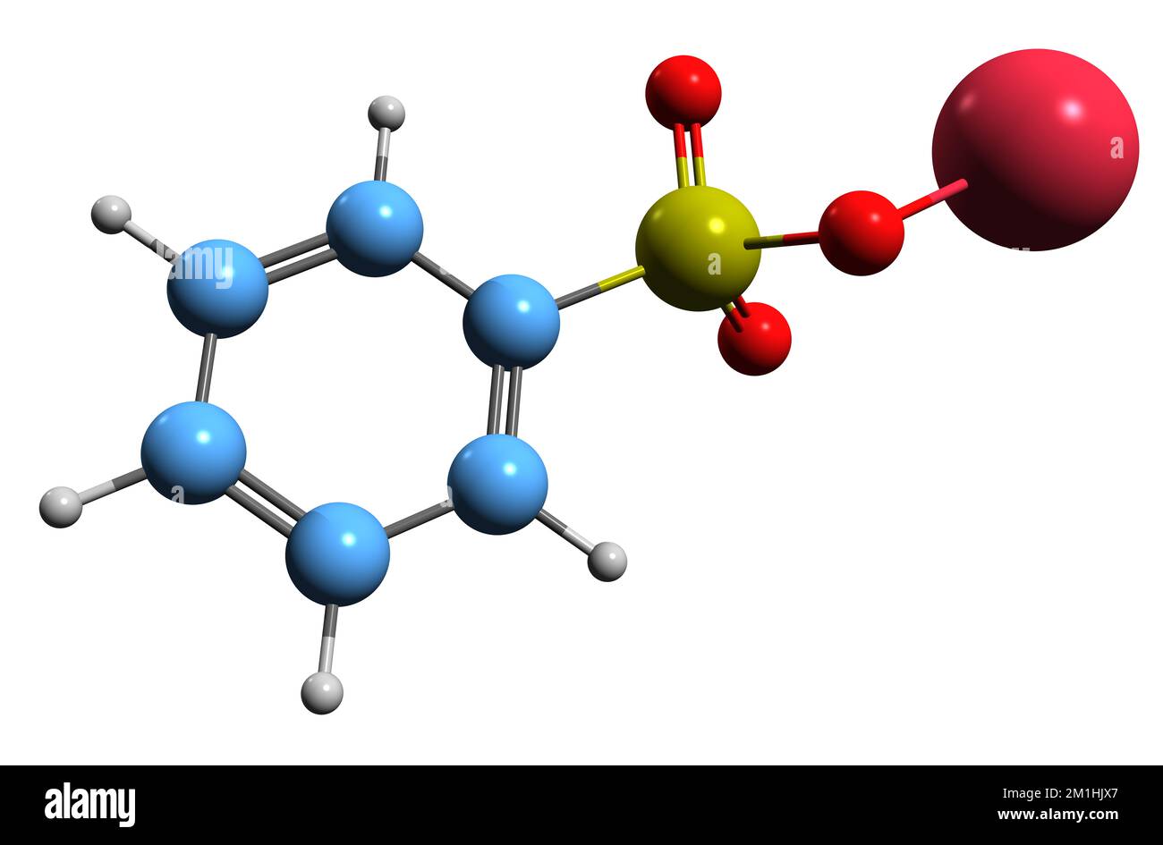 3D-Bild einer Natriumbenzosulfonat-Skelettformel - molekularchemische Struktur der auf weißem Hintergrund isolierten Benzolsulfonsäure Stockfoto