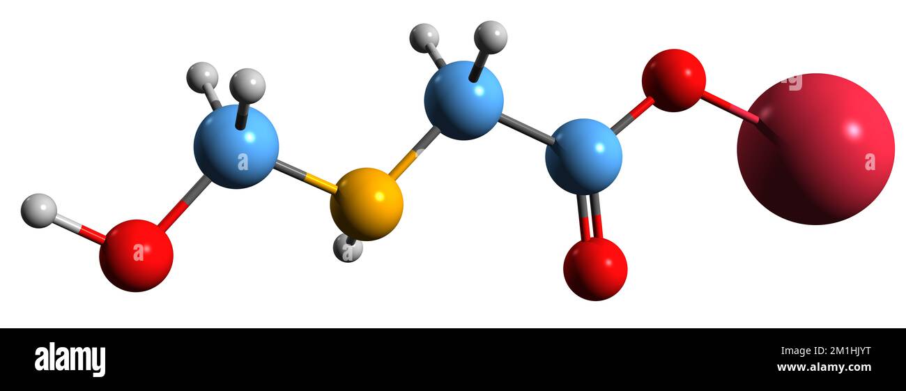 3D-Bild: Natrium-Hydroxymethylglycinat-Skelettformel - molekularchemische Struktur eines Formaldehyd-freisetzenden Konservierungsmittels isoliert auf weißem Ba Stockfoto