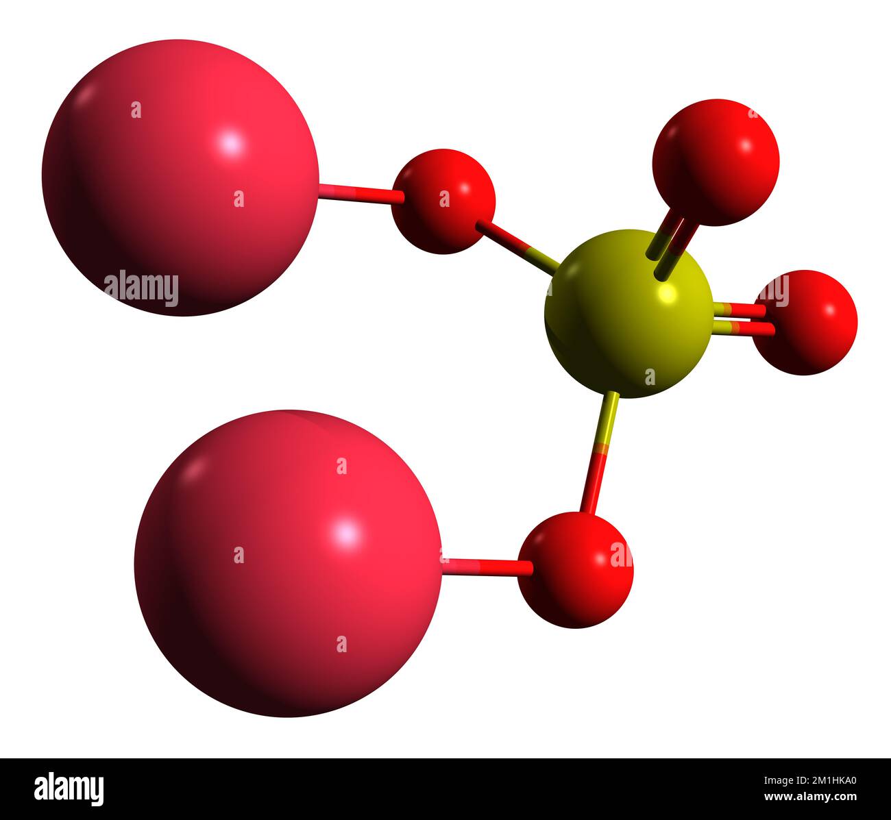 3D-Bild einer Natriumsulfat-Skelettformel - molekularchemische Struktur der anorganischen Verbindung Glaubersches Salz isoliert auf weißem Hintergrund Stockfoto