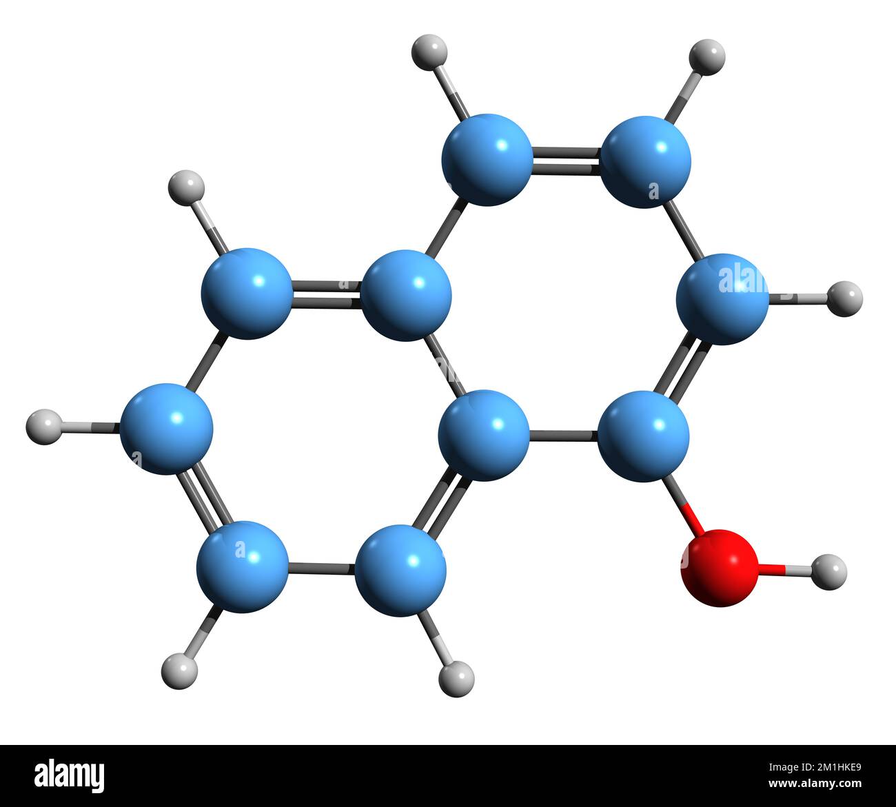 3D-Bild einer Naphthol-Skelettformel - molekularchemische Struktur von 1-Hydroxynaphthalin isoliert auf weißem Hintergrund Stockfoto