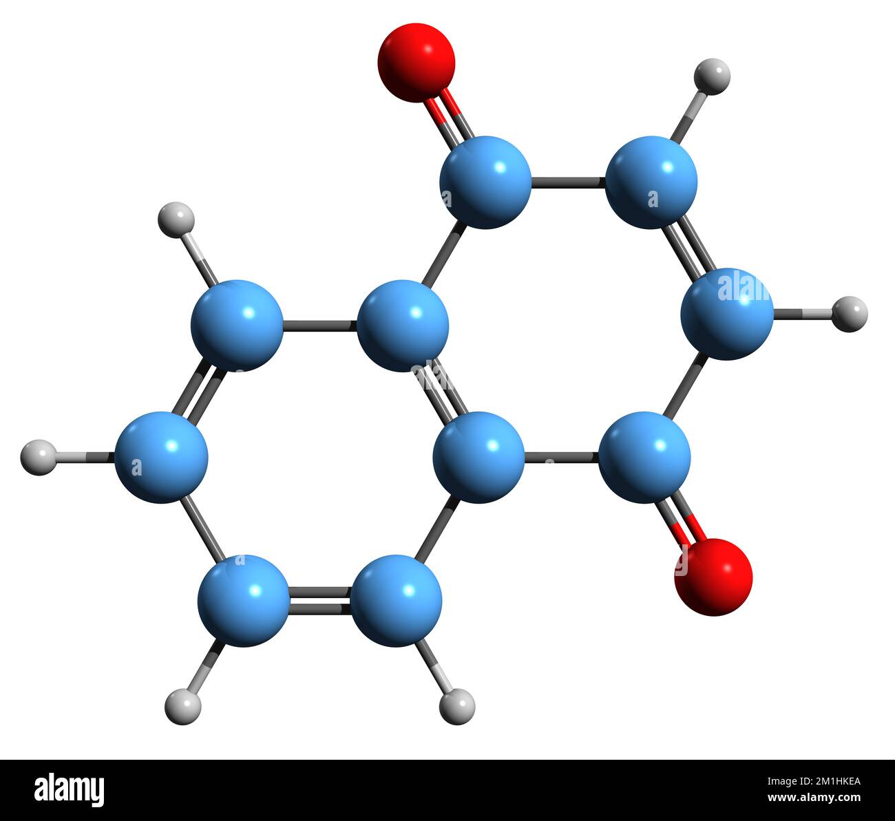 3D-Bild der Naphthochinon-Skelettformel - molekularchemische Struktur der auf weißem Hintergrund isolierten Naphthalin-Dion Stockfoto