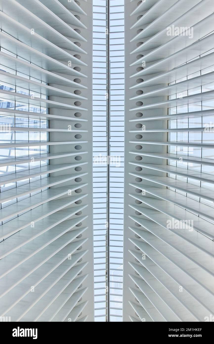 Direkt nach oben blickend auf die saubere, symmetrische, moderne Architekturdecke mit Glasrücken und weißen Rippen nach unten Stockfoto