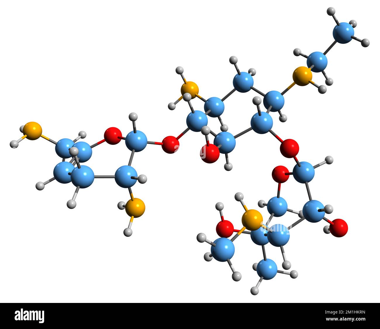 3D-Bild einer Netilmicin-Skelettformel - molekularchemische Struktur eines auf weißem Hintergrund isolierten semisynthetischen Aminoglykosid-Antibiotikums Stockfoto