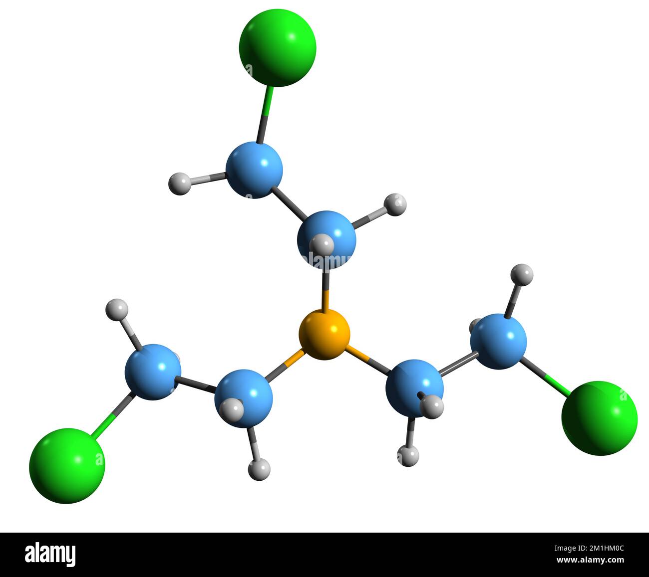 3D-Bild der Stickstoff-Senf-Skelettformel - molekularchemische Struktur der chemischen Kriegsführung isoliert auf weißem Hintergrund Stockfoto