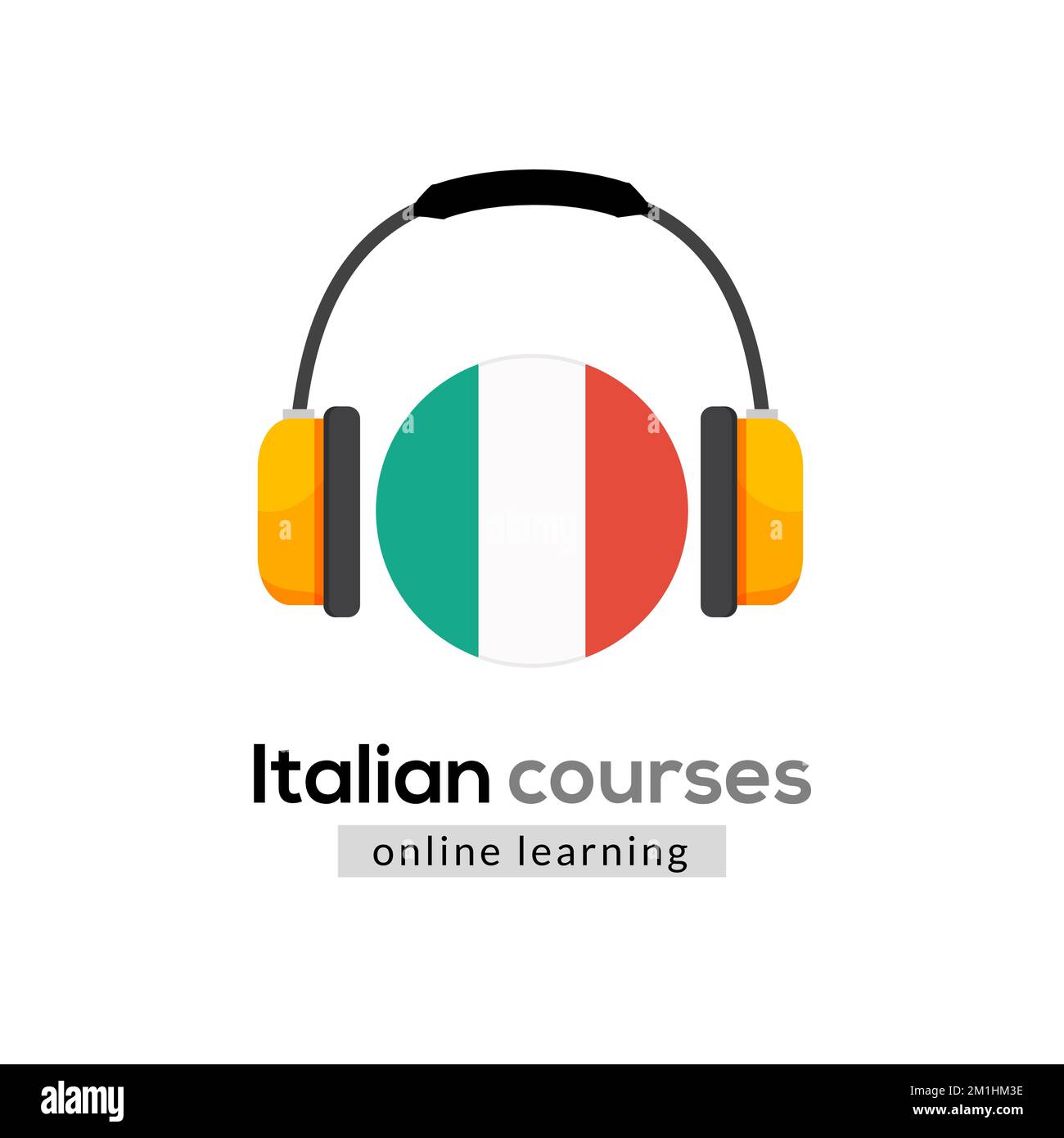 Logo-Symbol für italienisches Sprachlernen mit Kopfhörern. Kreative italienische Klasse fließendes Konzept spricht Test und Grammatik Stock Vektor