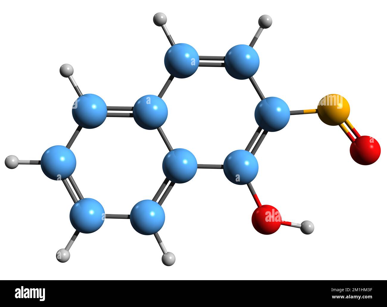 3D-Bild der Nitrosonaphthol-Skelettformel - molekularchemische Struktur einer organischen Verbindung, isoliert auf weißem Hintergrund Stockfoto