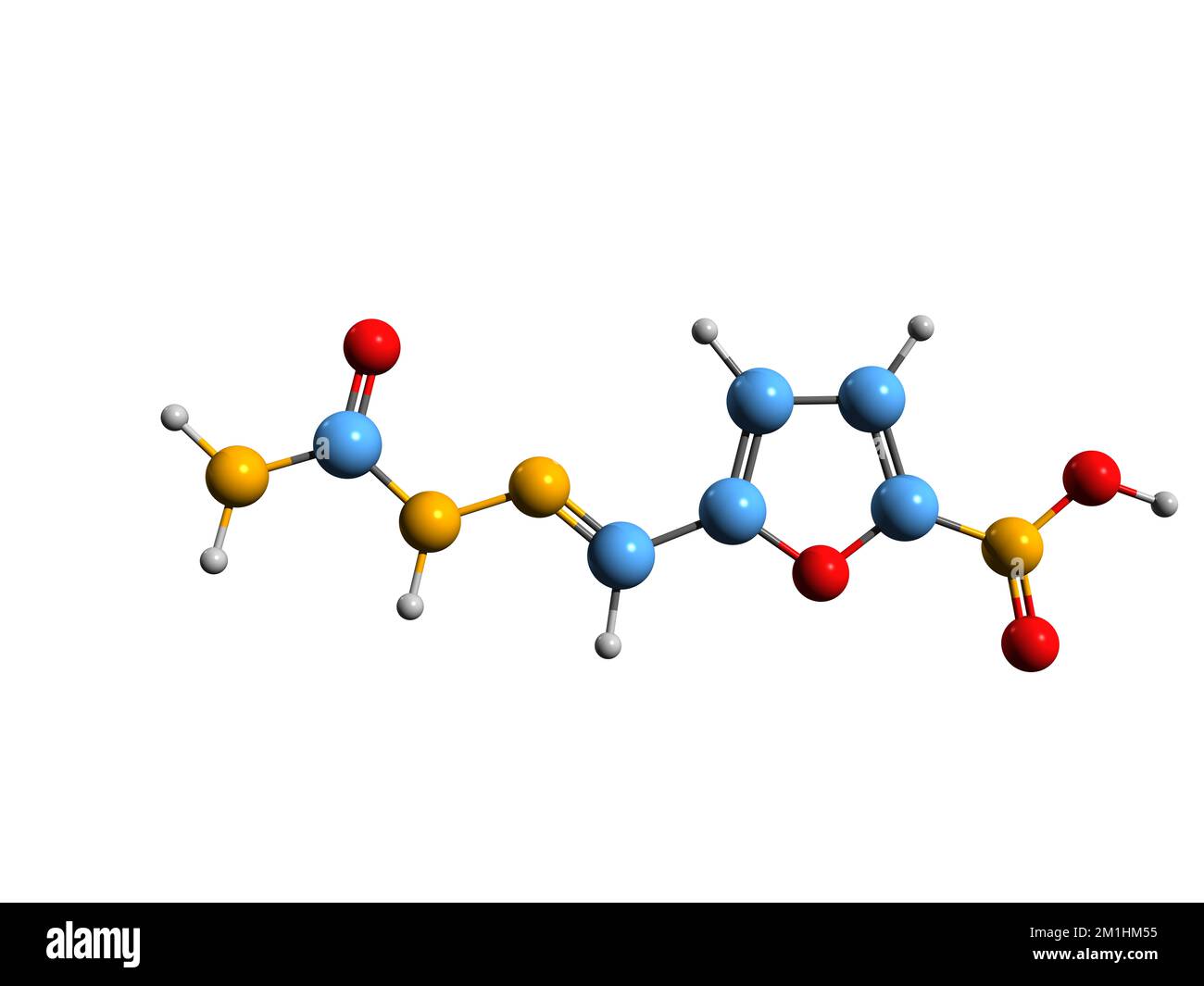 3D-Bild der Nitrofurazon-Skelettformel - molekularchemische Struktur antimikrobieller organischer Verbindungen, isoliert auf weißem Hintergrund Stockfoto
