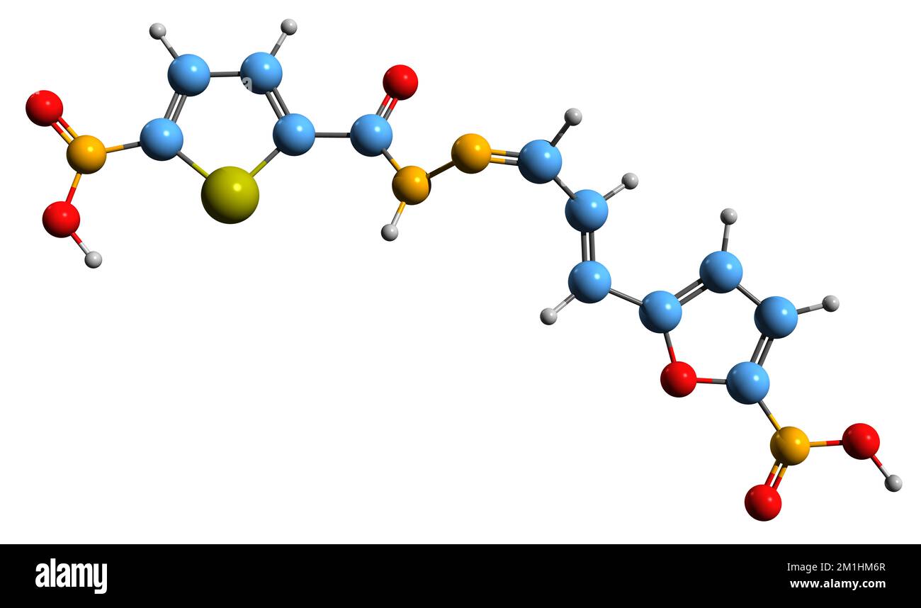 3D-Bild der Nifurzid-Skelettformel - molekularchemische Struktur des auf weißem Hintergrund isolierten Nitrofuran-Antibiotikums Stockfoto