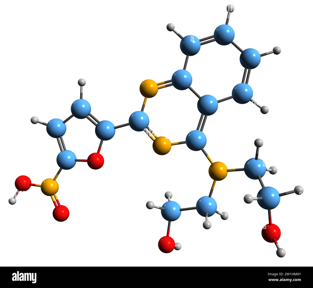 3D-Bild der Nifurquinazol-Skelettformel - molekularchemische Struktur des auf weißem Hintergrund isolierten Nitrofuran-Antibiotikums Stockfoto