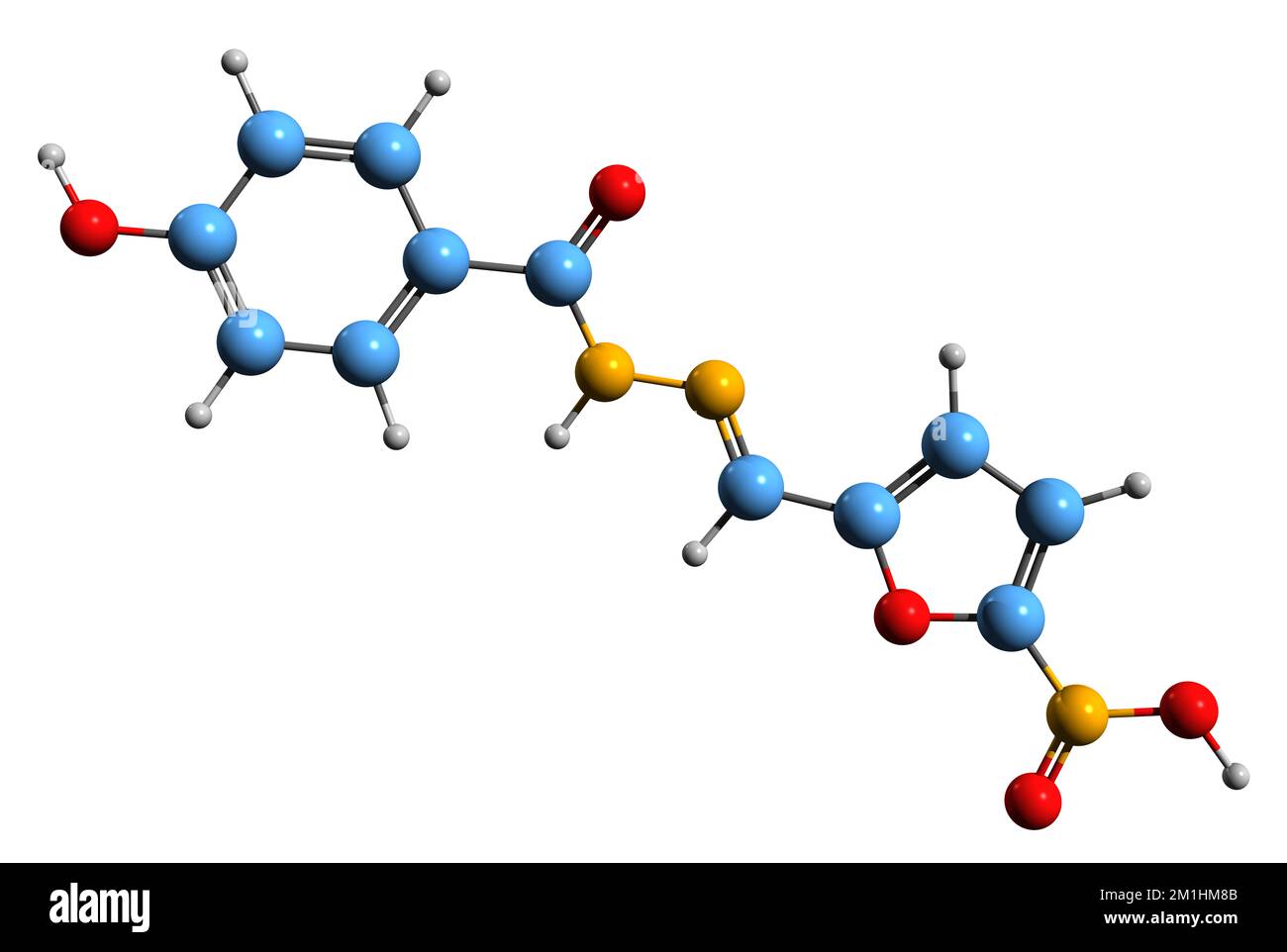 3D-Bild der Nifuroxazid-Skelettformel - molekularchemische Struktur des auf weißem Hintergrund isolierten Nitrofuran-Antibiotikums Stockfoto